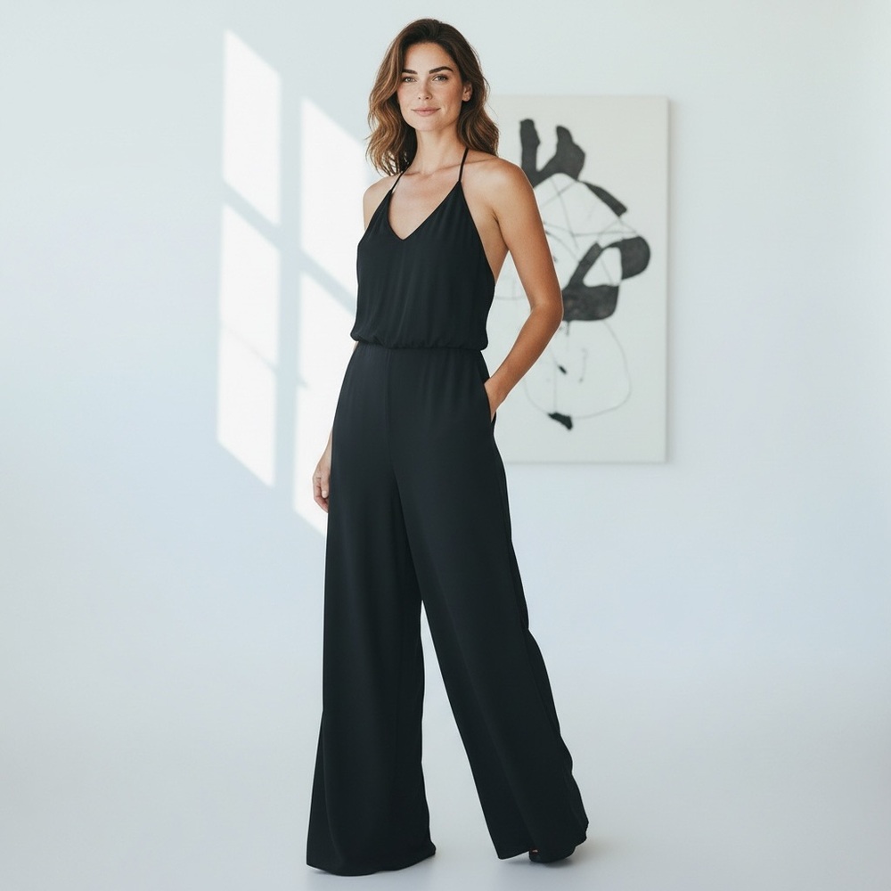 Show Me Your Mumu Royal Jumpsuit Black Halter Wide Leg Open Back L NWT
